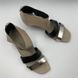 Vic Matie Made in Italy Leather Wedge Sandals – Taupe Black Silver, Size 39